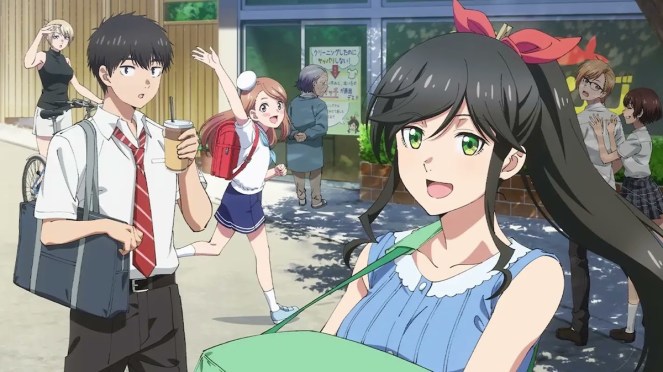 Review do anime Kirei ni Shitemoraemasu ka com a personagem Wakana Kinme na frente da sua lavanderia, acompanhando por Asami, Kyu, Nairo e outros personagens do anime