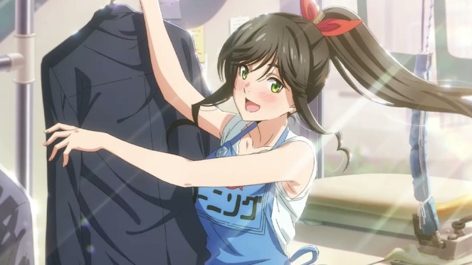 Review do anime Kirei ni Shitemoraemasu ka com a personagem Wakana Kinme segurando uma roupa limpa em sua lavanderia