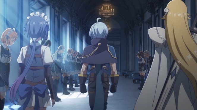 Review do anime Kizoku Tensei: Megumareta Umare kara Saikyou no Chikara wo Eru com o personagem Noah de costas, acompanhando por sua guarda e suas maids