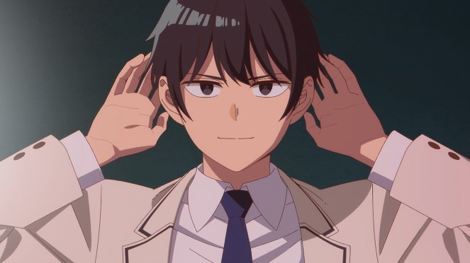 Review do anime Mayonaka Heart Tune com o personagem Yamabuki Arisu e as duas mãos levantadas ao lado das orelhas