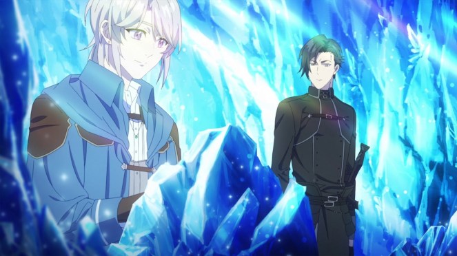 Review do anime Odayaka Kizoku no Kyuuka no Susume com os personagens Lizel e Gil em uma dungeon cheia de cristais