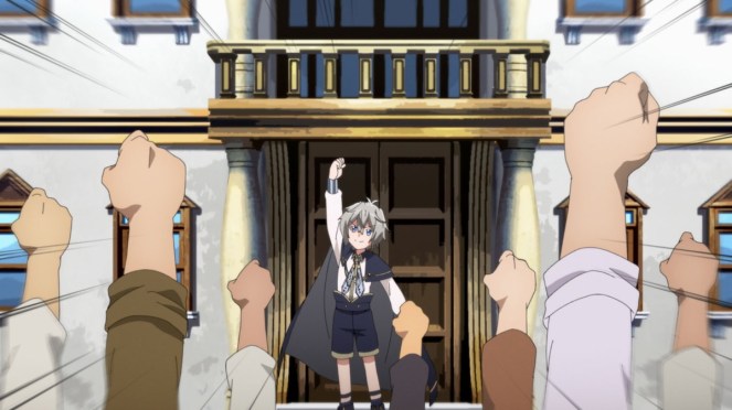 Review do anime Okiraku Ryoushu no Tanoshii Ryouchi Bouei com o personagem Van incentivando os habitantes da vila, todos com os braços levantados