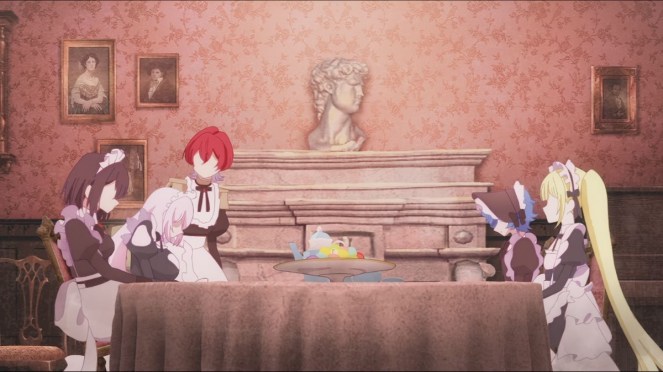 Review do anime Shiboyugi: Playing Death Games to Put Food on the Table com as personagens vestidas de maid e sem rosto definido em um dos primeiros jogos