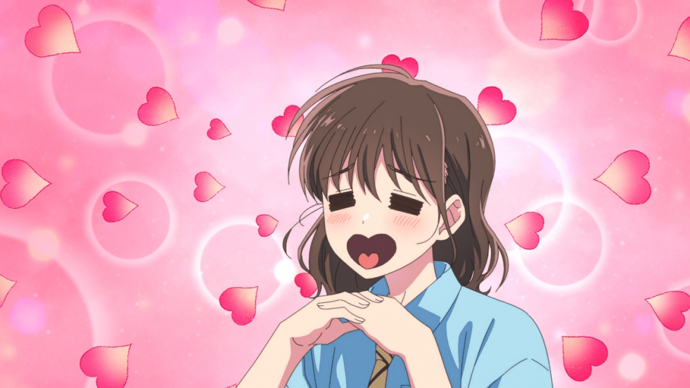 Review do anime Tamon-kun Ima Docchi!? com a personagem Kinoshita Utage cercada por corações enquanto faz uma expressão apaixonada