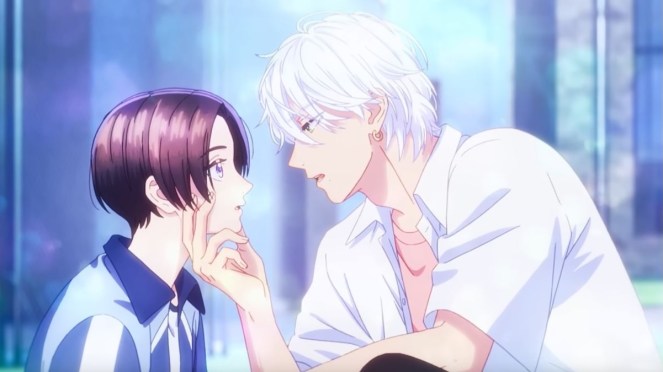 Review do anime Uruwashi no Yoi no Tsuki com os personagens Takiguchi Yoi e Ichimura Kohaku em seu primeiro encontro acidental