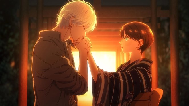 Review do anime Uruwashi no Yoi no Tsuki com os personagens Ichimura Kohaku e Takiguchi Yoi durante o pôr do sol no festival